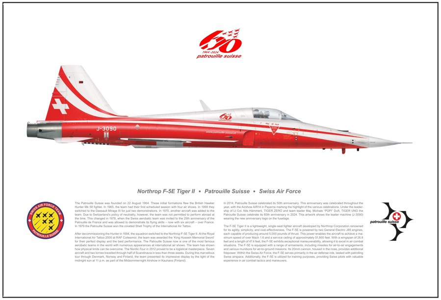 Image de Patrouille Suisse Staffelprint zum 60 Jahr Jubiläum mit dem roten Jubiläumslogo. Der Text ist in Englisch. ***  PATROUILLE SUISSE FANCLUB MITGLIDER ERHALTEN DEN PRINT SFR. 5.00 GÜNSTIGER. Zwingend die Mitgliedernummer angeben. 