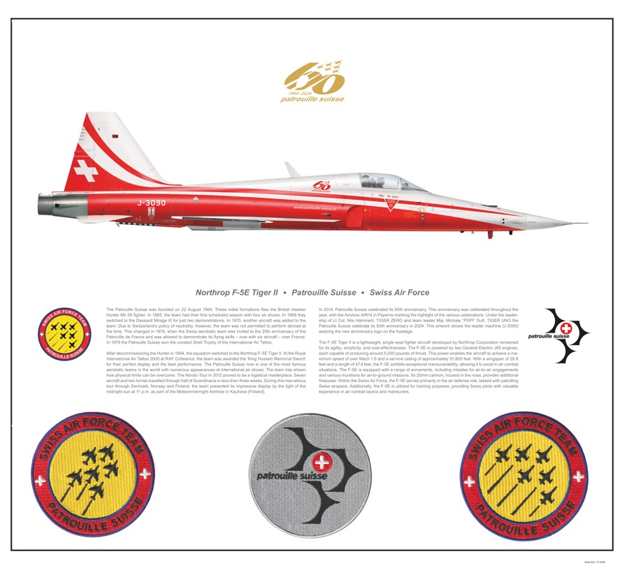 Bild von Patrouille Suisse Staffelprint zum 60 Jahr Jubiläum. LIMITIERTE SERIE MIT DEM GOLD LOGO IM FORMAT 50X45. NUR 100 STÜCK ZUSAMMEN MIT JE 3 PATCHES. *****PATROUILLE SUISSE FANCLUB MITGLIEDER ERHALTEN DEN STAFFELPRINT SFR. 16.00 GÜNSTIGER. ZWINGEND MITGLIEDERNUMMER ANGEBEN.