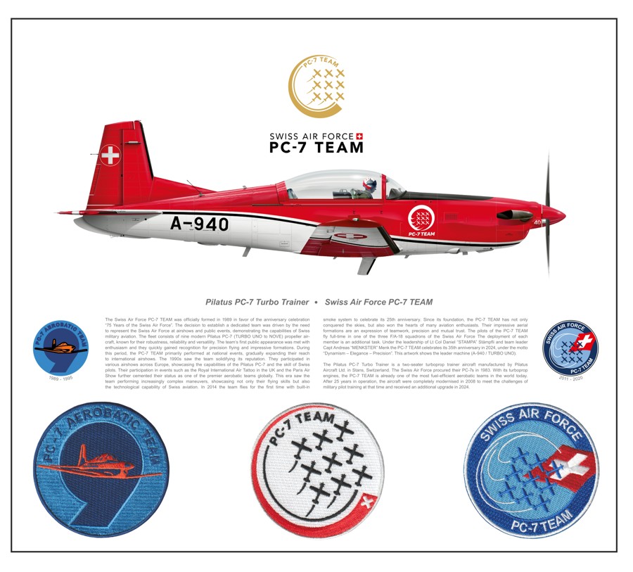 Bild von PC-7 TEAM Staffelprint zum 35 Jahr Jubiläum. LIMITIERTE SERIE MIT DEM GOLD LOGO IM FORMAT 50X45. NUR 100 STÜCK ZUSAMMEN MIT JE 3 PATCHES. *****PATROUILLE SUISSE FANCLUB MITGLIEDER ERHALTEN DEN STAFFELPRINT SFR. 16.00 GÜNSTIGER. ZWINGEND MITGLIEDERNUMMER ANGEBEN.