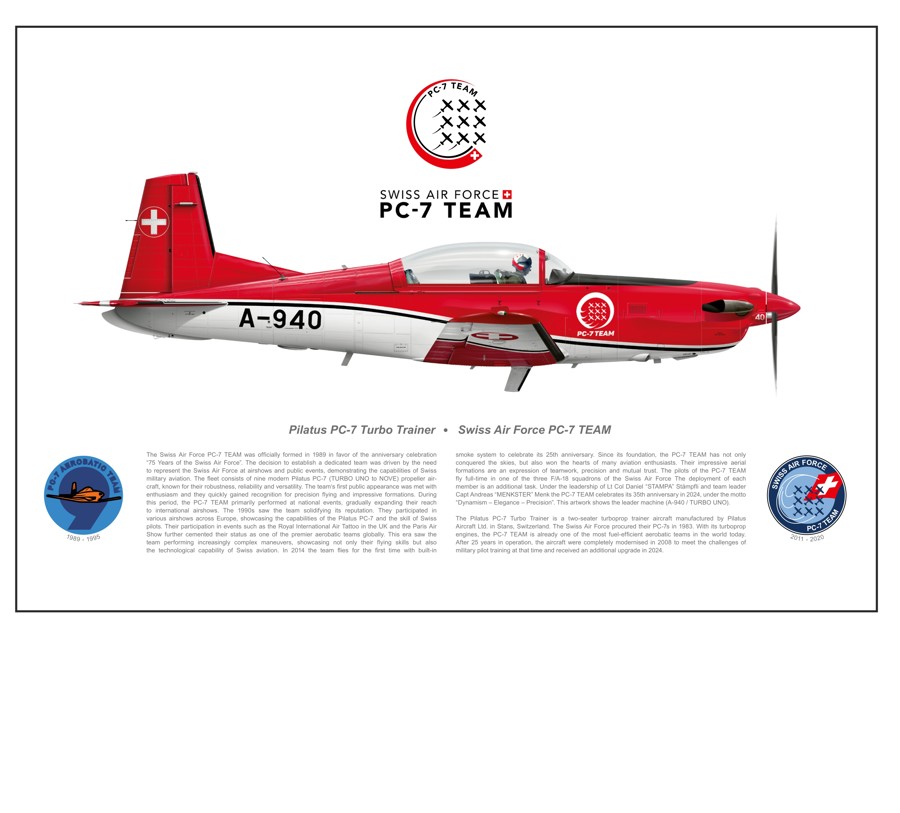 Bild von PC-7 TEAM Staffelprint zum 35 Jahr Jubiläum mit dem farbigen Teamlogo. Der Text auf dem Print ist in Englisch. ****PATROUILLE SUISSE FANCLUB MITGLIEDER ERHALTEN DEN PRINT SFR. 5.00 GÜNSTIGER. ZWINGEND MITGLIEDERNUMMER ANGEBEN. 